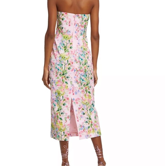 ML Monique Lhuillier Lily Sweetheart Faille Midi-Dress Pink Floral (Size 10) - Picture 4 of 14